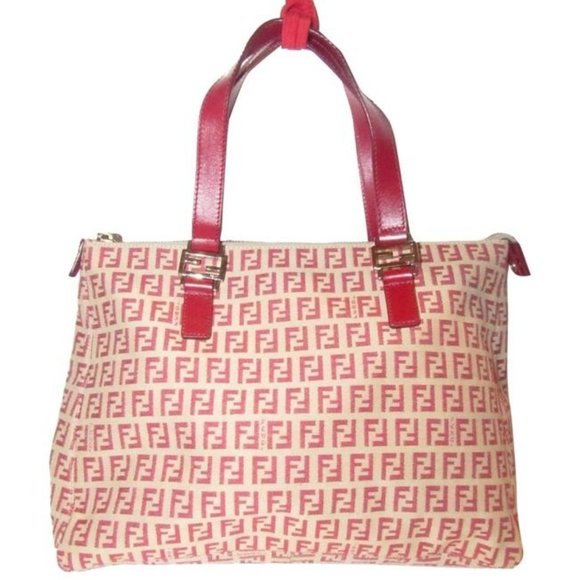 Fendi Top Handle Style Tote Red Zucchino Print On Tan Canvas And Leather Satchel - Picture 1 of 12